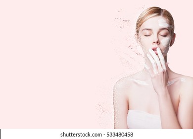 Beauty Portrait Young Woman Applies a Mask of white Clay Face, taking Care of the Skin. Anti-aging Facials. Woman with Perfect Skin Rejuvenation, Nutrition and Hydration, Skin Exfoliation