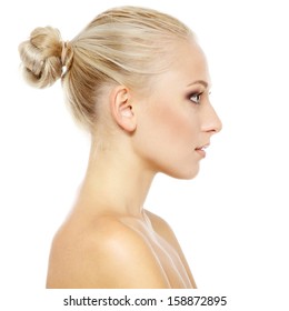 Beauty Portrait Of Young Woman With Beautiful Healthy Face In Profile, Studio Shot Of Attractive Girl On White Background