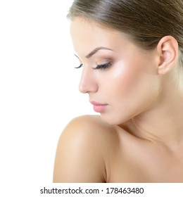 Beauty Portrait Of Young Woman With Beautiful Healthy Face In Profile, Studio Shot Of Attractive Girl Over On White Background