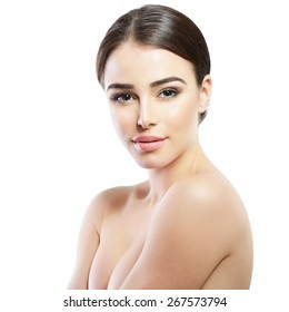 Beauty Portrait Of Young Woman With Beautiful Healthy Face, Studio Shot Of Attractive Girl Over White Background