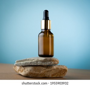 Beauty Product On A Stone Stand On A Blue Background. Trendy Skin Beauty Care Poster.