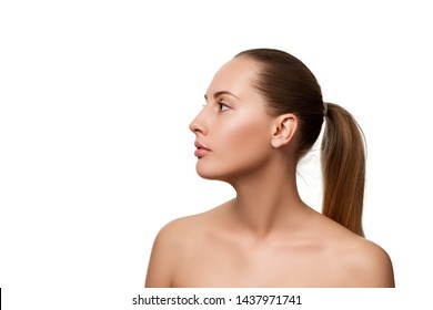 Beauty profile portrait of female face with natural skin. model with light nude make-up isolated on white background