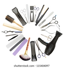 Beauty Salon And Barbershop Background - Professional Hairdressing, Manicure And Pedicure Tools