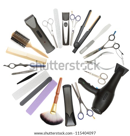 Beauty salon and barbershop background - professional hairdressing, manicure and pedicure tools
