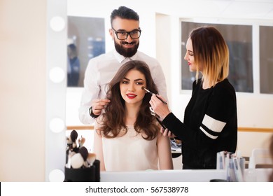 beauty salon, the girl makeup and styling in the salon, hairdressers and make-up artist, Concept for personal care and beauty