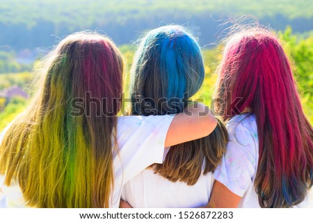 Beauty salon and hairdresser. positive and cheerful. children with creative body art. colorful neon paint hair. Crazy hipster girls. Summer weather. Happy youth party. Optimist. Spring vibes. Stock photo © 