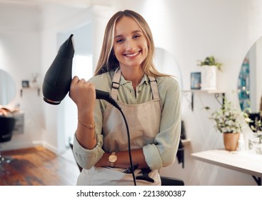 Beauty salon, hairdresser woman and portrait with hair dryer tools, retail barber shop boutique and hair care stylist ready for blow dry treatment service. Happy young hair salon small business owner - Powered by Shutterstock