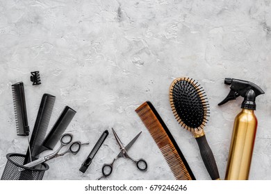 Beauty Saloon. Haidressing Tools On Grey Table Background Top View Copyspace