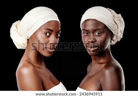Beauty, scarf and portrait of African women in studio for wellness, health and hair care treatment. Salon aesthetic, friends and people with accessories, cosmetics and makeup on black background