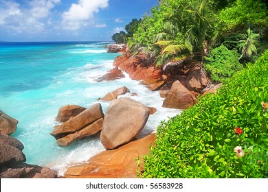 The Beauty Of The Seychelles, huge Boulders, Hibiscus and Palms fringe a stunning Beach on the idyllic island of La Dique