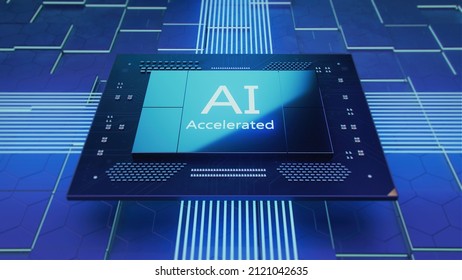 Beauty Shot of Advanced Computer Processor Chip with AI Acceleration in Dark Digital Environement.  Futuristic Microchip Connected with Energy Lines. 