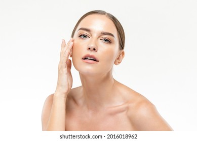 Beauty Shot Of Caucasian Woman With Youthful Fresh Clear Wrinkle Free Face Skin In Isolated Studio White Background