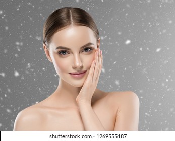 Beauty Skin Care Woman Portrait Winter Background Snow