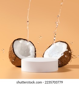 Beauty skincare scene for cosmetic product presentation made with mockup round scene, coconuts and tropical water splash. Square composition. - Shutterstock ID 2235703779