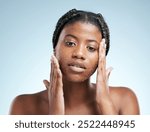 Beauty, skincare and scrub with portrait of black woman in studio for cosmetics, exfoliate and facial. Self care, glow and shine with female model on blue background for clean, dermatology and spa