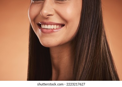 Beauty, Smile And Teeth, Portrait Of Woman In Studio With Luxury Makeup And Dental Care For Healthy And Clean Mouth. Health, Wellness And Beautiful Happy Model Girl With Big Smile On Brown Background