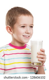 Beauty Smiling Child Boy Hand Holding Milk Drink Glass White Isolated