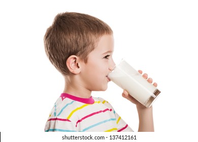 Beauty Smiling Child Boy Hand Holding Milk Drink Glass White Isolated