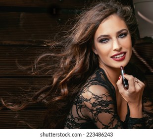 Beauty Smiling Rich Woman In Lace With Dark Red Lipstick, Flying Hair Close Up