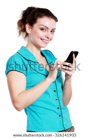 Beauty smiling woman using and reading a woman using isolated on a white background