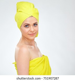 Beauty Spa Portrait Of Woman Wearing Towel On Head. Isolated Portrait On White.