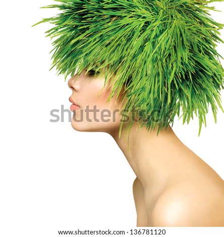 Beauty Spring Woman with Fresh Green Grass Hair. Summer Nature Girl portrait. Fashion Model