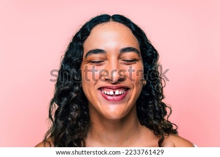 Beauty studio portrait of beautiful young woman with diastema - Confident and interesting female with diverse and unique style, concepts about skin care, body care, individuality and body acceptance