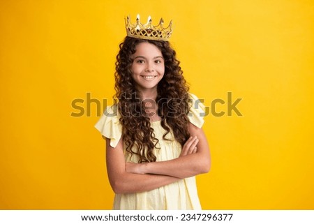 Beauty teen girl queen wear crown. Child in princess diadem. Happy teenager, positive and smiling emotions of teen girl.
