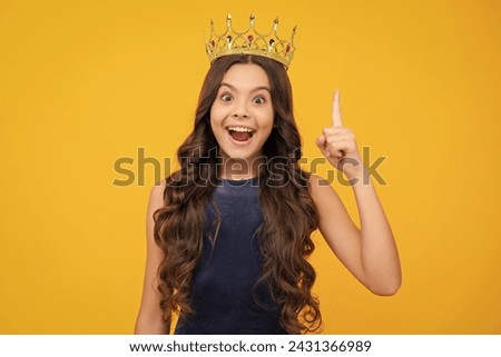 Beauty teen girl queen wear crown. Child in princess diadem. Happy girl face, positive and smiling emotions.