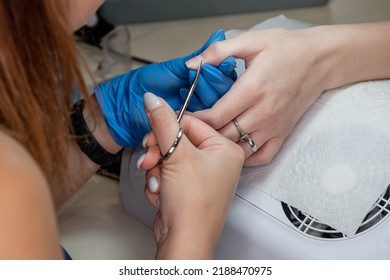 Beauty Therapist Doing Manicure On Hand Of Young Asian Woman In Spa Salon. Manicure Process In Beauty Salon. Hands Of Manicure Master And Client Top View. Master Of Nail Service.