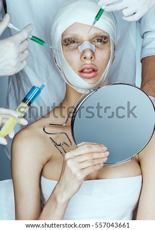 Beauty through botox. Many hands holding syringes near woman's face. Injections of skin rejuvenation. Cosmetic procedures