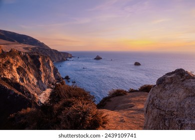 Beauty view of the Big Sur coastline in California.	Bixby Bridge ,Rocky Creek Bridge, and Pacific Coast Highway at sunset near Big Sur in California, USA	
