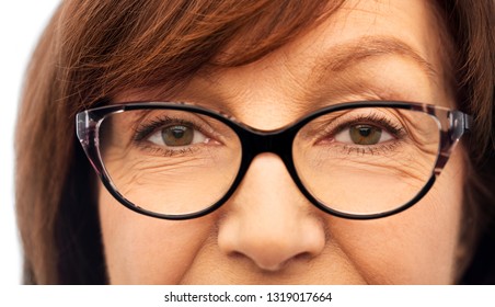 Beauty, Vision And Old People Concept - Close Up Of Face Of Senior Woman In Glasses