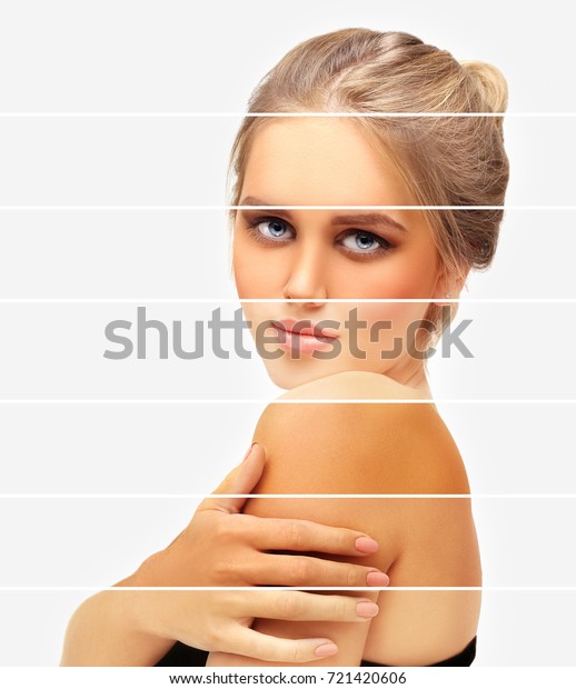 Beauty visual about\
suntan. Model\'s face divided in parts - tanned and\
natural.Different tones of\
tan