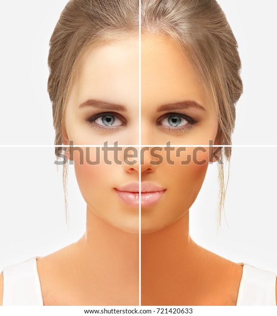 Beauty visual about\
suntan. Model\'s face divided in parts - tanned and\
natural.Different tones of\
tan