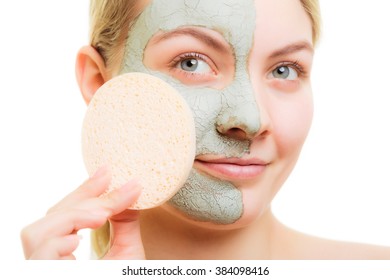 Beauty And Wellness. Young Woman With Allgae Mask On Face. Cosmetology And Complexion. Good Condition Of Facial Skin.