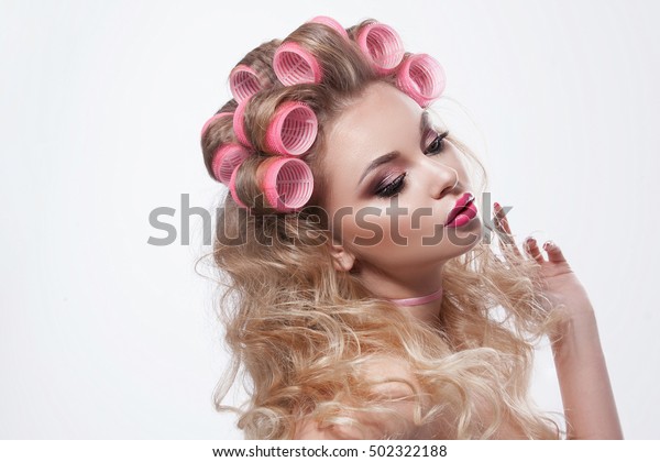 Beauty Woman Beautiful Makeup Hair Curlers Stock Photo Edit Now