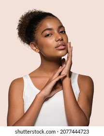 Beauty Woman Black Skin Face Smiling Model Touching Her Face. Color Background. Pink