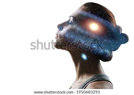 Beauty woman with the cosmos illustration as a brain.