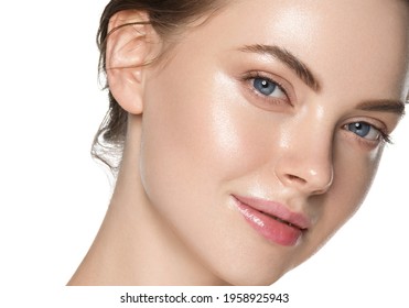 Beauty Woman Face Healthy Clean Sin Close Up Beautiful Model Face Portrait Isolated On White 