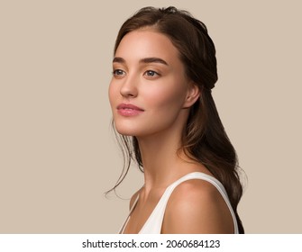 Beauty woman face healthy skin care female beautiful woman. Color brown background. - Shutterstock ID 2060684123