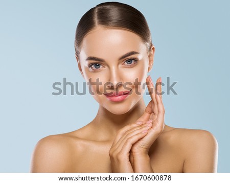 Beauty woman face manicure hands nails touching skin beautiful female spa cosmetic concept