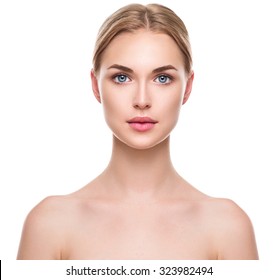 Beauty Woman face Portrait. Beautiful Spa model Girl with Perfect Fresh Clean Skin. Blonde female looking at camera and smiling. Youth and Skin Care Concept. Isolated on a white background