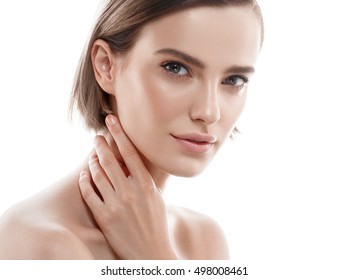Beauty Woman face Portrait. Beautiful Spa model Girl with Perfect Fresh Clean Skin. Female looking at camera and smiling. Youth and Skin Care Concept 