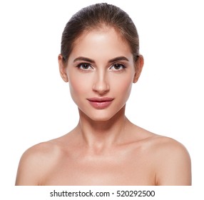 Beauty Woman Face Portrait. Beautiful Model Girl With Perfect Fresh Clean Skin. Blonde Brunette Short Hair Youth And Skin Care Concept. Isolated On A White 