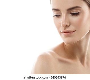 Beauty Woman face Portrait. Beautiful model Girl with Perfect Fresh Clean Skin color lips purple red. Blonde brunette short hair Youth and Skin Care Concept. Isolated on a white background - Shutterstock ID 540543976