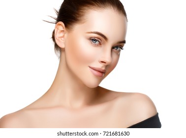 Beauty Woman face Portrait. Beautiful model Girl with Perfect Fresh Clean Skin color lips purple red. - Shutterstock ID 721681630