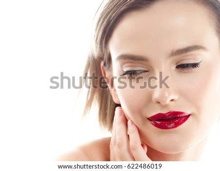 Beauty Woman face Portrait. Beautiful model Girl with Perfect Fresh Clean Skin color lips purple red. Blonde brunette short hair Youth and Skin Care Concept. Isolated on a white background