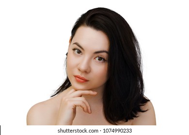 Beauty Woman face Portrait. Close up of face and hands. Mixed race Caucasian Asian female model. Isolated on white background