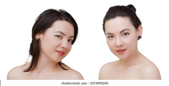 Beauty woman face portrait of mixed race Caucasian Asian female model isolated on white background